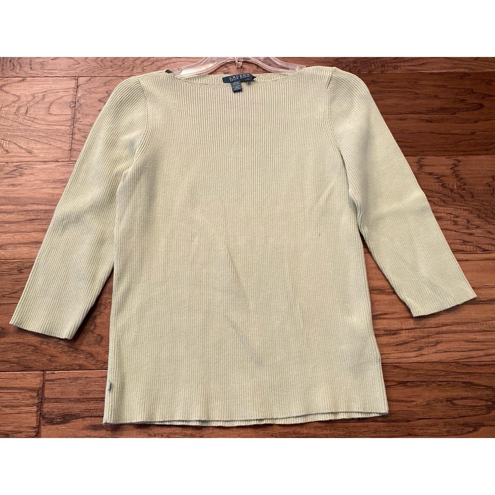 Lauren Ralph Lauren Women's Large Green Ribbed Knit Long Sleeve Top Cotton
